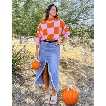 ZESICA Women's Winter Oversized Sweaters Long Sleeve Color Block Mock Neck Side Slit Comfy Loose Knitted Pullover Tops,Orange,Large