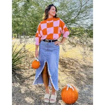 ZESICA Women's Winter Oversized Sweaters Long Sleeve Color Block Mock Neck Side Slit Comfy Loose Knitted Pullover Tops,Orange,Large