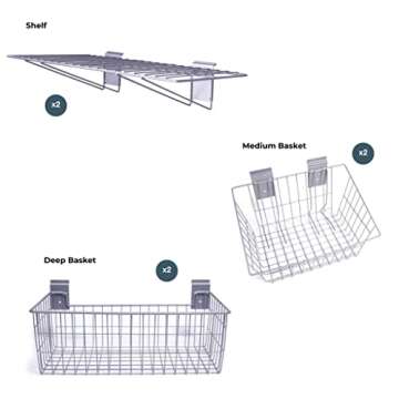 Crownwall Steel Shelf and Basket Organizer Kit, Heavy Duty Shelves and Baskets for Storage and Organization, Compatible Slatwall (6-Piece)