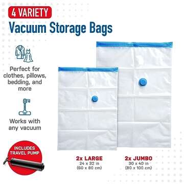 Spacesaver Premium Vacuum Storage Bags with 80% More Storage - Includes Hand-Pump for Travel - Double-Zip Seal and Triple Seal Turbo-Valve for Max Space Saving - Variety 4 Pack (2 x Large, 2 x Jumbo)