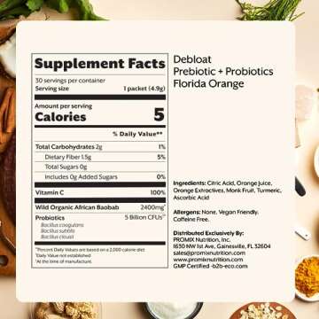 Promix Debloat Prebiotics and Probiotics with Baobab - Rich in Vitamin C, Bloating Relief, Immune Support - Orange - 30 Count