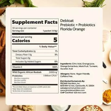 Promix Debloat Prebiotics and Probiotics with Baobab - Rich in Vitamin C, Bloating Relief, Immune Support - Orange - 30 Count