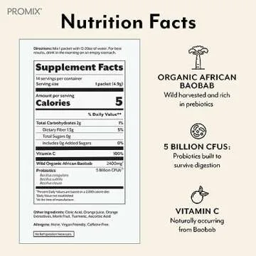 Promix Debloat Prebiotics and Probiotics with Baobab - Rich in Vitamin C, Bloating Relief, Immune Support - Orange - 30 Count