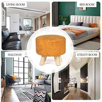 Asense Small Round Ottoman Foot Rest Stool Linen Padded Seat Footstool Ottoman with Non-Skid Wooden Legs (Orange,Linen)