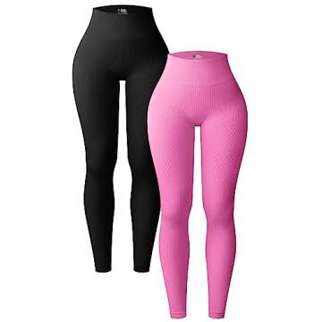 OQQ Women's 2 Piece Yoga Leggings Ribbed Seamless Workout High Waist Athletic Pants Black Rose
