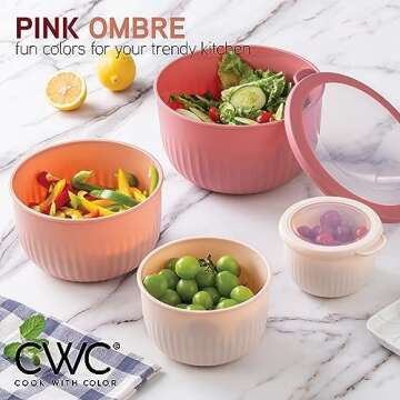 COOK WITH COLOR Prep Bowls with Lids- Wide and Deep Nesting Plastic Small Mixing Bowl Set with Lids, 12 Piece Set - Deep Bowls, Rose