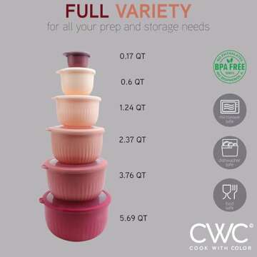 COOK WITH COLOR Prep Bowls with Lids- Wide and Deep Nesting Plastic Small Mixing Bowl Set with Lids, 12 Piece Set - Deep Bowls, Rose