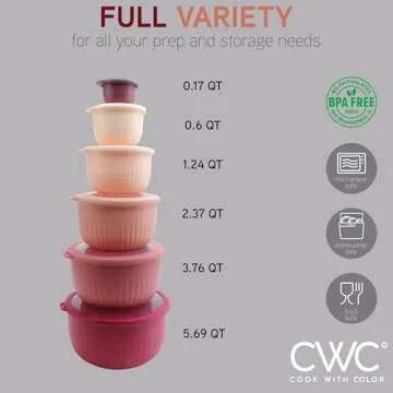 COOK WITH COLOR Prep Bowls with Lids- Wide and Deep Nesting Plastic Small Mixing Bowl Set with Lids, 12 Piece Set - Deep Bowls, Rose