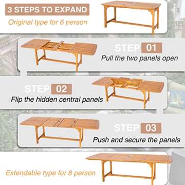 PHI VILLA 7 PCS Acacia Wood Outdoor Dining Set for 6, Expandable Teak Wooden Table & Chairs with Cus...