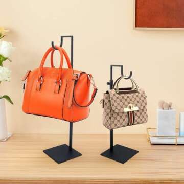 Purse Display Stand, 2 Pack of Sturdy Adjustable Handbag Holder Rack, Single Hanging Hook Bag Display Stand, Stable Stainless Steel Base, Silver, Gold, Black