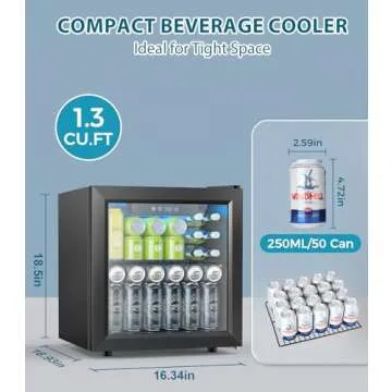 Electactic 50 Cans Beverage Refrigerator Cooler, 1.3 Cu.ft Mini Fridge Countertop Drink Cooler with Glass Door for Beer, Soda,Wine, Adjustable Digital Temperature Control for Home Dorm Bar, Black