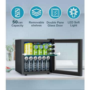 Electactic 50 Cans Beverage Refrigerator Cooler, 1.3 Cu.ft Mini Fridge Countertop Drink Cooler with Glass Door for Beer, Soda,Wine, Adjustable Digital Temperature Control for Home Dorm Bar, Black