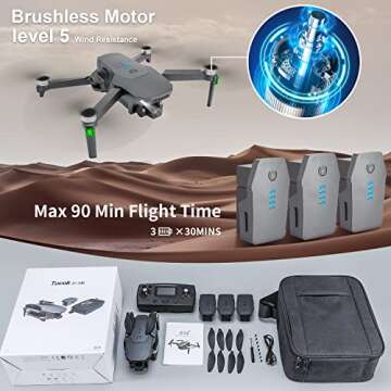 Tucok 90 Mins Drones with Camera for Adults,4K UHD Camera,3 Batteries Long Flight Time,Brushless Motor,GPS Auto Return,Circle Fly,FPV Drones Quadcopter with 5Ghz WiFi FPV Live Video for Beginners,Carrying Case