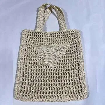 REIOASUD Womens Handmade Straw Bag,Travel Beach Tote Fishing mesh Bag,Straw Woven Beach Bag Weaving Hollow Shoulder Bag Handbag (Black,With Lining Bag)