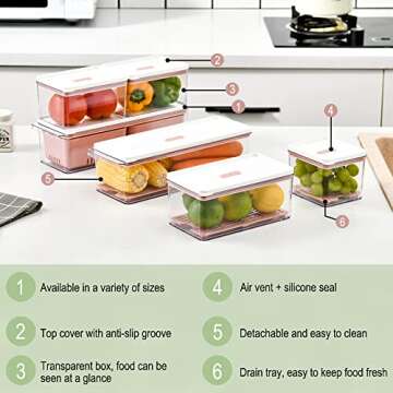 Lille Home Stackable Produce Saver, Organizer Bins/Storage Containers with Removable Drain Tray, Set of Six, for Refrigerators, Cabinets, Countertops and Pantry, BPA Free (Pink,Set of Six)