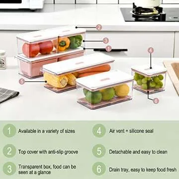 Lille Home Stackable Produce Saver, Organizer Bins/Storage Containers with Removable Drain Tray, Set of Six, for Refrigerators, Cabinets, Countertops and Pantry, BPA Free (Pink,Set of Six)