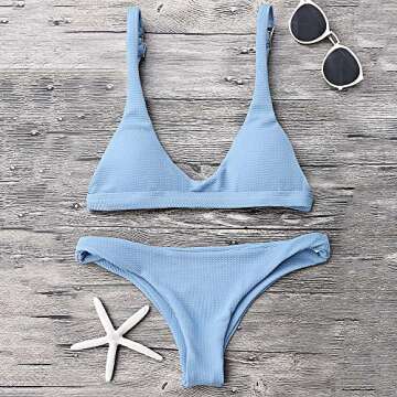 ZAFUL Women Padded Scoop Neck 2 Pieces Push Up Swimsuit Revealing Thong Bikinis V Bottom Style Brazilian Bottom Bra Sets(Light Blue M)
