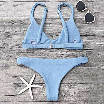 ZAFUL Women Padded Scoop Neck 2 Pieces Push Up Swimsuit Revealing Thong Bikinis V Bottom Style Brazilian Bottom Bra Sets(Light Blue M)