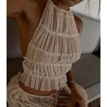 Women Y2K Skirt Set Outfits Sleeveless Crop Top Bodycon Midi Skirt Dress Sexy 2 Piece Mesh Outfits Skirt Summer(U-Apricot Backless Outfits,S)