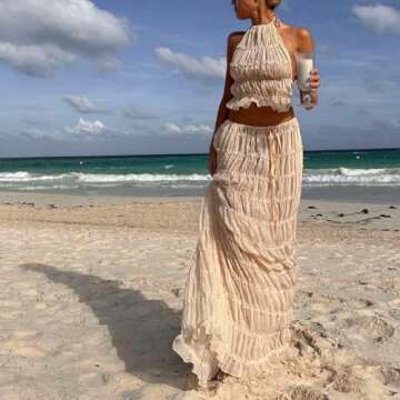 Women Y2K Skirt Set Outfits Sleeveless Crop Top Bodycon Midi Skirt Dress Sexy 2 Piece Mesh Outfits Skirt Summer(U-Apricot Backless Outfits,S)