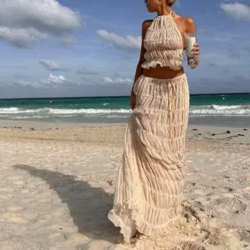 Women Y2K Skirt Set Outfits Sleeveless Crop Top Bodycon Midi Skirt Dress Sexy 2 Piece Mesh Outfits Skirt Summer(U-Apricot Backless Outfits,S)