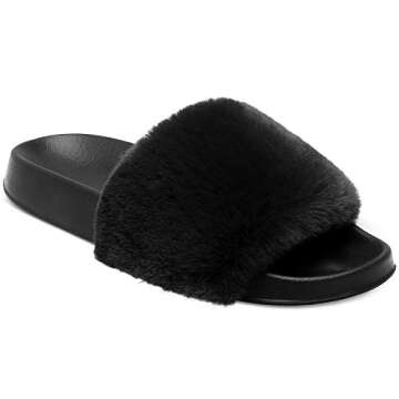 Spesoul Womens Fuzzy Slides Open Toe Furry Slide Slippers Indoor Outdoor Slides Sandals Casual Flat Fluffy House Slippers