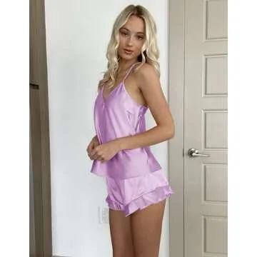Ekouaer Satin Pajama Set for Women Silk Pjs for Women Set Camisole Top and Shorts with Ruffle Sleepwear Lavender