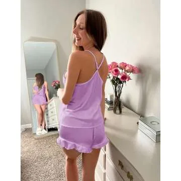 Ekouaer Satin Pajama Set for Women Silk Pjs for Women Set Camisole Top and Shorts with Ruffle Sleepwear Lavender