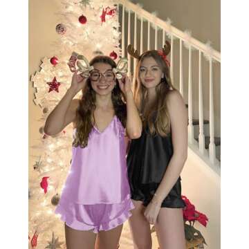 Ekouaer Satin Pajama Set for Women Silk Pjs for Women Set Camisole Top and Shorts with Ruffle Sleepwear Lavender
