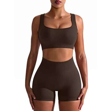 OQQ Workout Outfits for Women 2 Piece Seamless Ribbed High Waist Leggings with Sports Bra Exercise Set Darkbrown