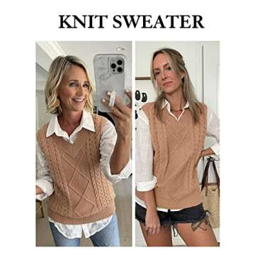 NALANISA Women V Neck Sleeveless Oversized Sweater Vest Casual Loose Cable Knit Sweaters Tank Pullover Fall Winter Outfits(Z-Khaki, Medium)