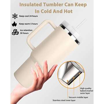 METRICCHIMP Insulated Stainless Steel Water Bottle with Handle and Straw Lid - 40 oz Reusable Tumbler for Hot and Cold Beverages