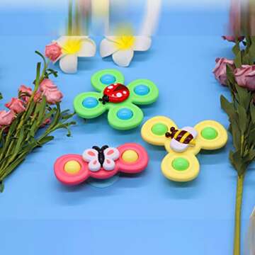 3pcs Suction Cup Spinner Toy High Chair Toys, Spinning Top Baby Bath Toys Baby Toy Autism Toys with Rotating Suction Cup is Suitable for Bathroom Dining Table and Travel (Flowers)