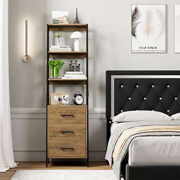 HITHOS 4-Tier Bookshelf, Tall Bookcase with 3 Wooden Drawers, Modern Ladder Book Shlef Storage Organizer for Living Room, Entryway, Office, Rustic Brown