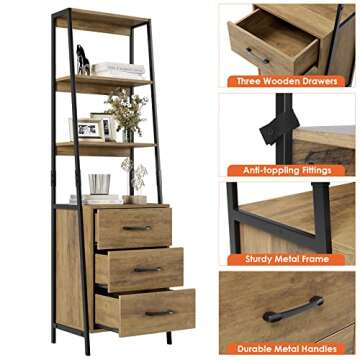 HITHOS 4-Tier Bookshelf, Tall Bookcase with 3 Wooden Drawers, Modern Ladder Book Shlef Storage Organizer for Living Room, Entryway, Office, Rustic Brown