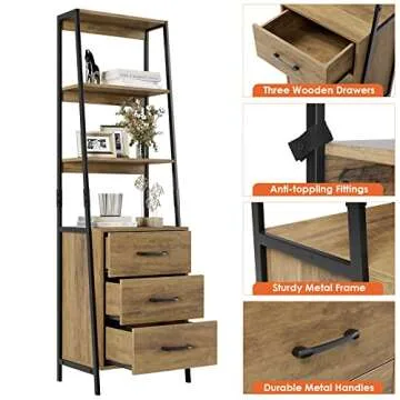 HITHOS 4-Tier Bookshelf, Tall Bookcase with 3 Wooden Drawers, Modern Ladder Book Shlef Storage Organizer for Living Room, Entryway, Office, Rustic Brown