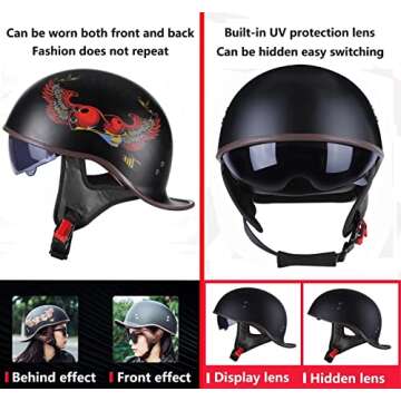 FVCNGP Adult Men Women Vintage Motorcycling Helmets DOT Approved German Style Motorcycle Half Open Face Helmet with UV Visor Goggles, Quick Release System, Removable Washable Lining
