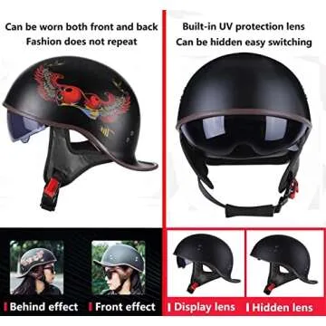 FVCNGP Adult Men Women Vintage Motorcycling Helmets DOT Approved German Style Motorcycle Half Open Face Helmet with UV Visor Goggles, Quick Release System, Removable Washable Lining