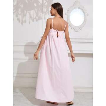 ebossy Women's Summer Backless Tied Spaghetti Straps Casual Loose Cutout Maxi Dress with Pockets (L, Pink)