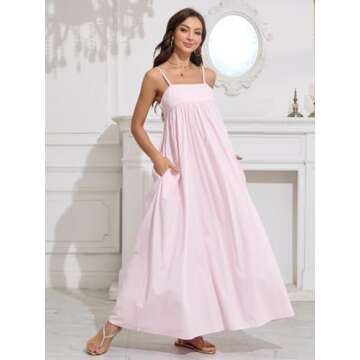 ebossy Women's Summer Backless Tied Spaghetti Straps Casual Loose Cutout Maxi Dress with Pockets (L, Pink)