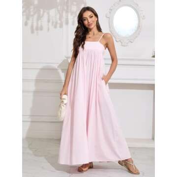ebossy Women's Summer Backless Tied Spaghetti Straps Casual Loose Cutout Maxi Dress with Pockets (L, Pink)