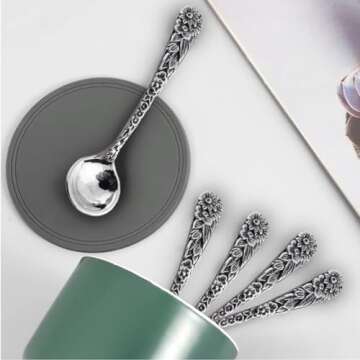 2" Sterling Silver Floral Daisy Salt Spoon or Mustard Spoon, Polished Round Bowl, Flower Design Handle