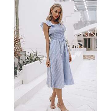 BerryGo Women's Striped Linen Long Dress Elegant Ruffle Cap Sleeves Midi Dress Blue-L