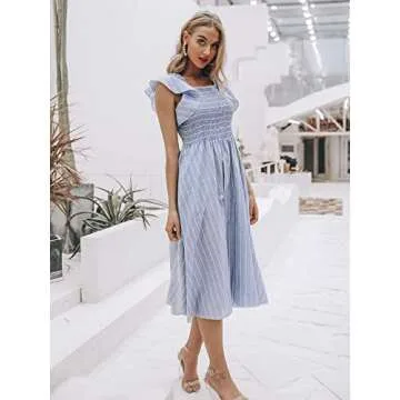 BerryGo Women's Striped Linen Long Dress Elegant Ruffle Cap Sleeves Midi Dress Blue-L