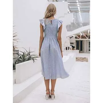 BerryGo Women's Striped Linen Long Dress Elegant Ruffle Cap Sleeves Midi Dress Blue-L
