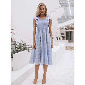 BerryGo Women's Striped Linen Long Dress Elegant Ruffle Cap Sleeves Midi Dress Blue-L
