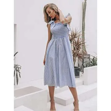 BerryGo Women's Striped Linen Long Dress Elegant Ruffle Cap Sleeves Midi Dress Blue-L