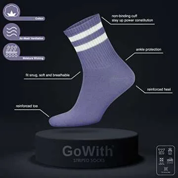 GoWith 3-4 Pairs Cotton Colorful Retro Thin Striped Socks for Men & Women, Casual Soft Lightweight Quarter Socks L/XL, Purple, Model 3501