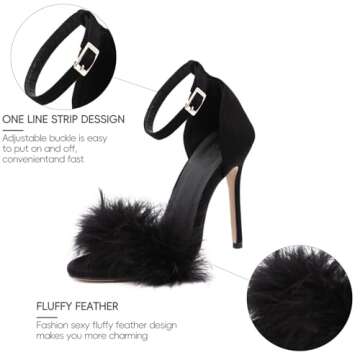 YIBLBOX Black High Heels for Women Feather Sandal Ankle Strap Stiletto Pump for Wedding Party Dance ...