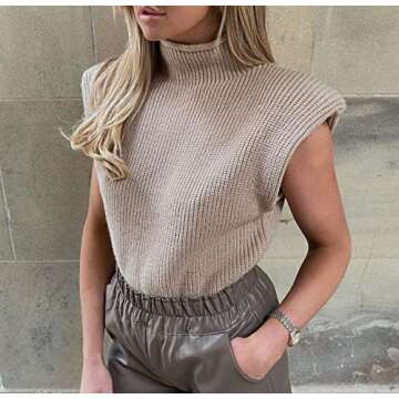 SAGRALL Women's Short Cap Sleeve Sweater Vest Mock Neck Casual Solid Knitted Pullover Tank Top (Khaki, Medium)